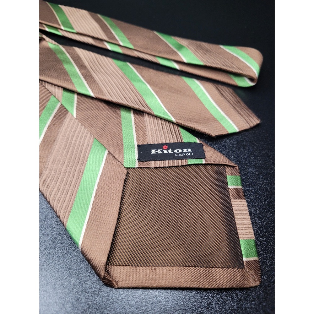 Kiton Men's Necktie Brown Green Striped Silk 3.75" x 58" Excellent